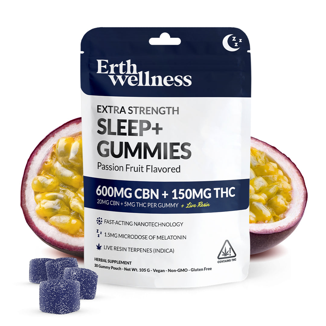 Erth Wellness - SLEEP+ Gummies - CBN + THC + Live Resin - Passion Fruit - 600mg CBN + 150mg THC - 20MG CBN + 5MG THC Per Gummy + Live Resin