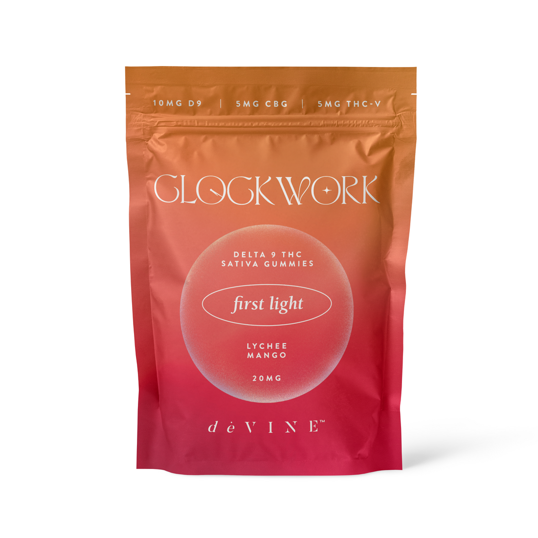 deVINE Clockwork First Light Gummies 10mg D9/5mg CBG/5mg THCv - Lychee Mango