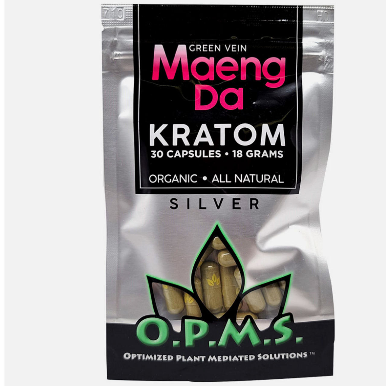 O.P.M.S. Silver - Green Vein Maeng Da 18g, 30 Caps Kratom